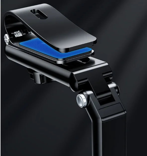 A black phone holder with a blue visor is shown in a close-up view.