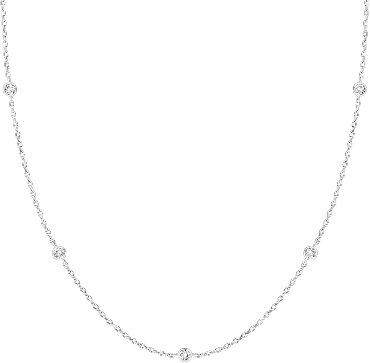 A delicate silver necklace featuring a line of small simulated diamonds.
