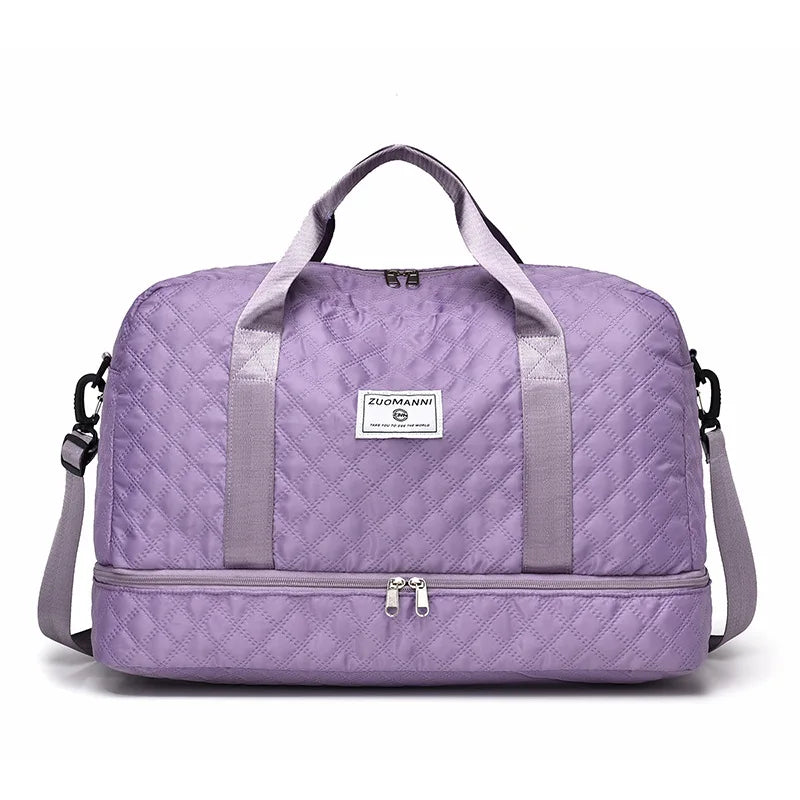 A purple Zuomnni lightweight nylon travel duffle bag with padded straps.