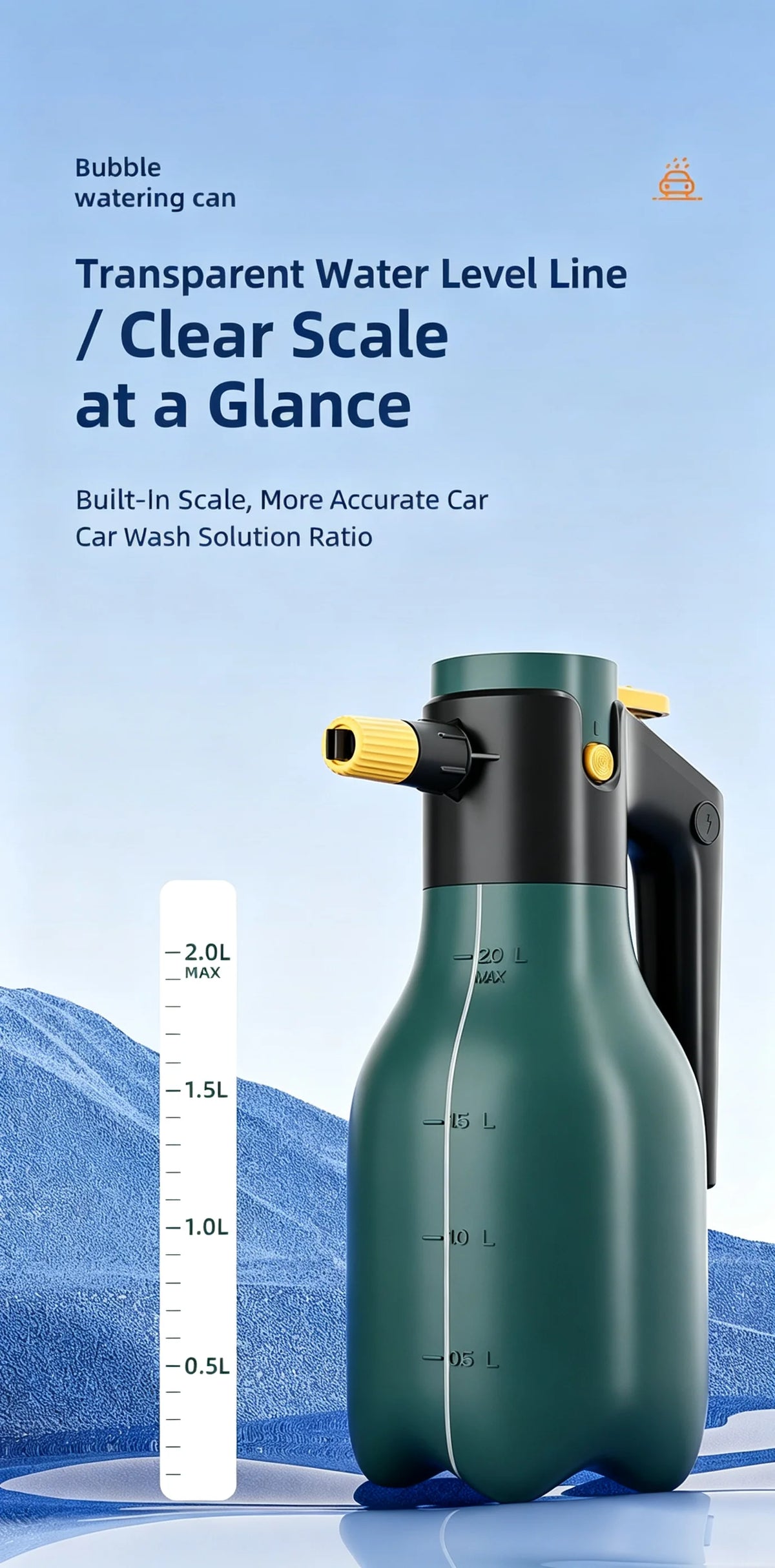 A green bottle of transparent water level line measuring a car wash solution ratio, shown against a blue background.