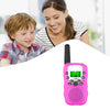 A pink walkie talkie set with a flashlight is shown next to a smiling woman and a child.