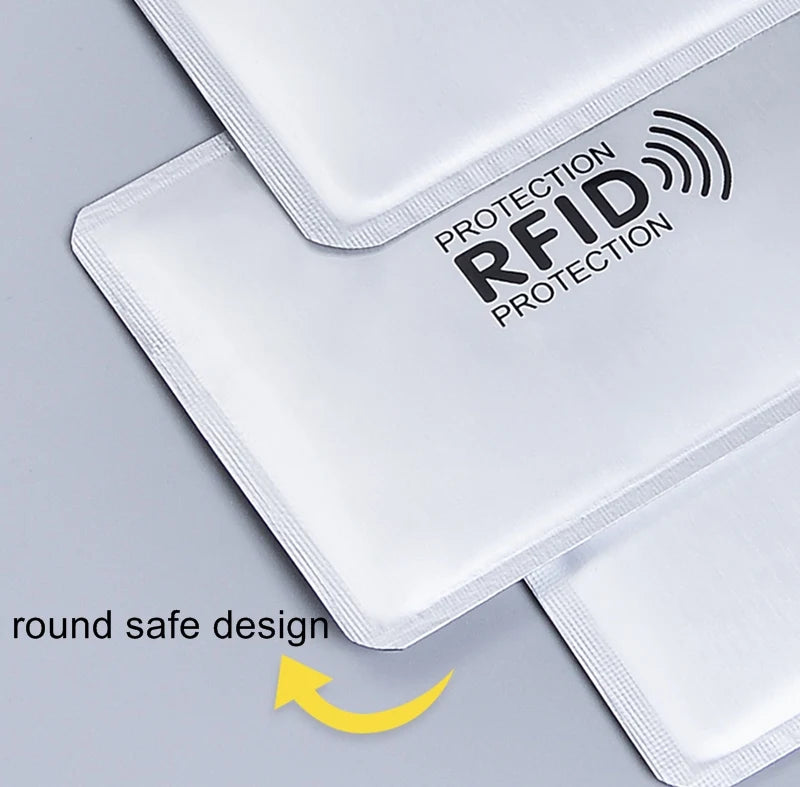 White protection sleeves for RFID and NFC blocking cards, featuring a round safe design.