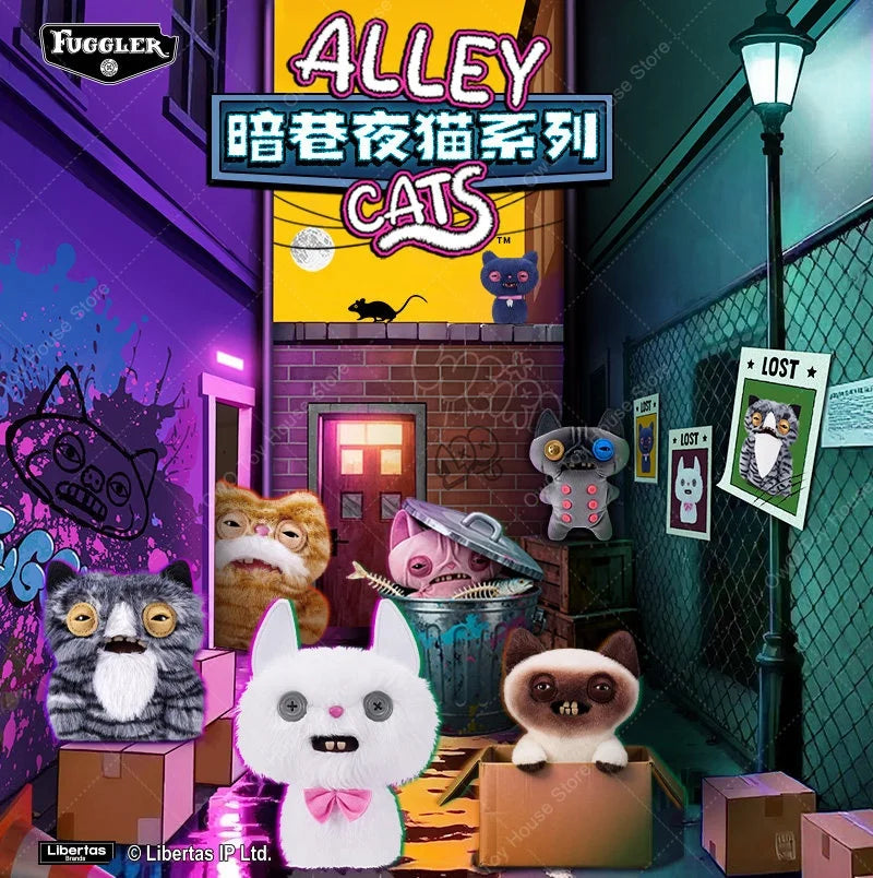 A collection of quirky ugly monster plush toys and keychains displayed in a vibrant, dark purple and green setting.