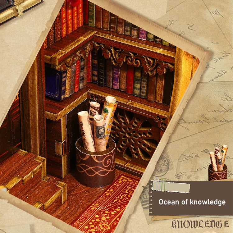 A wooden book nook kit featuring shelves, books, and a fireplace with LED lighting.