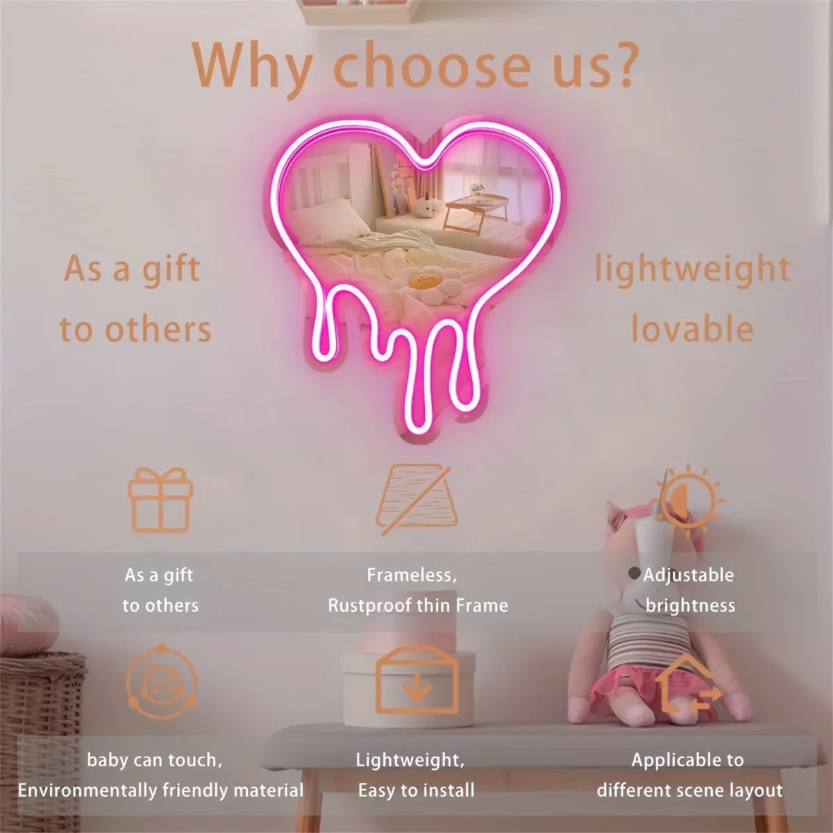 A neon sign shaped like a melting heart is displayed on a wall, with text describing its features for gifting and décor.
