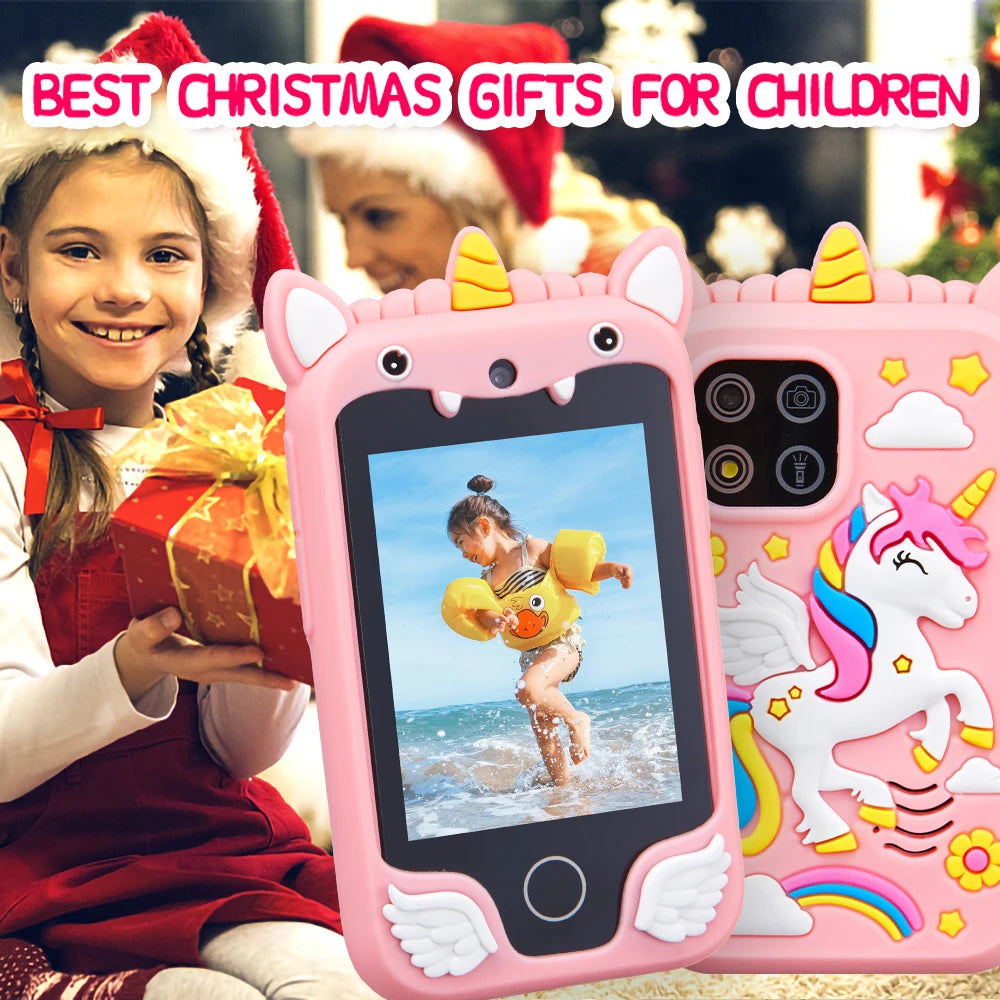 A pink unicorn smart phone toy with dual cameras and music player is shown next to a smiling girl holding a gift.