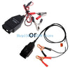 An OBD2 battery memory saver tool with a digital display and attached pliers.
