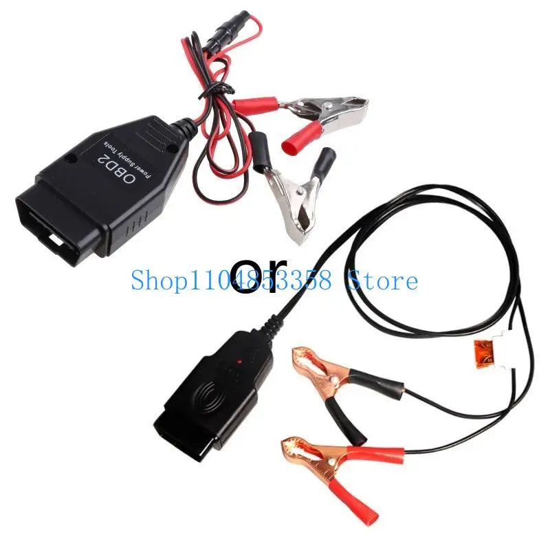 An OBD2 battery memory saver tool with a digital display and attached pliers.