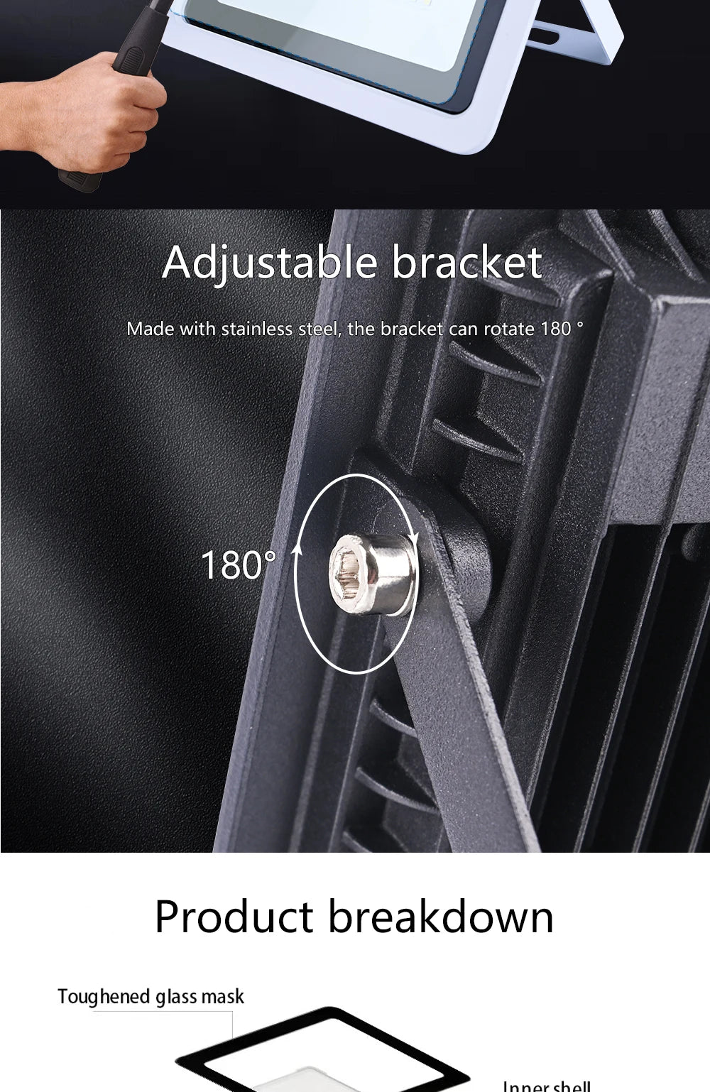 Close-up view of an adjustable bracket and product breakdown components for an IP68 waterproof LED flood light.