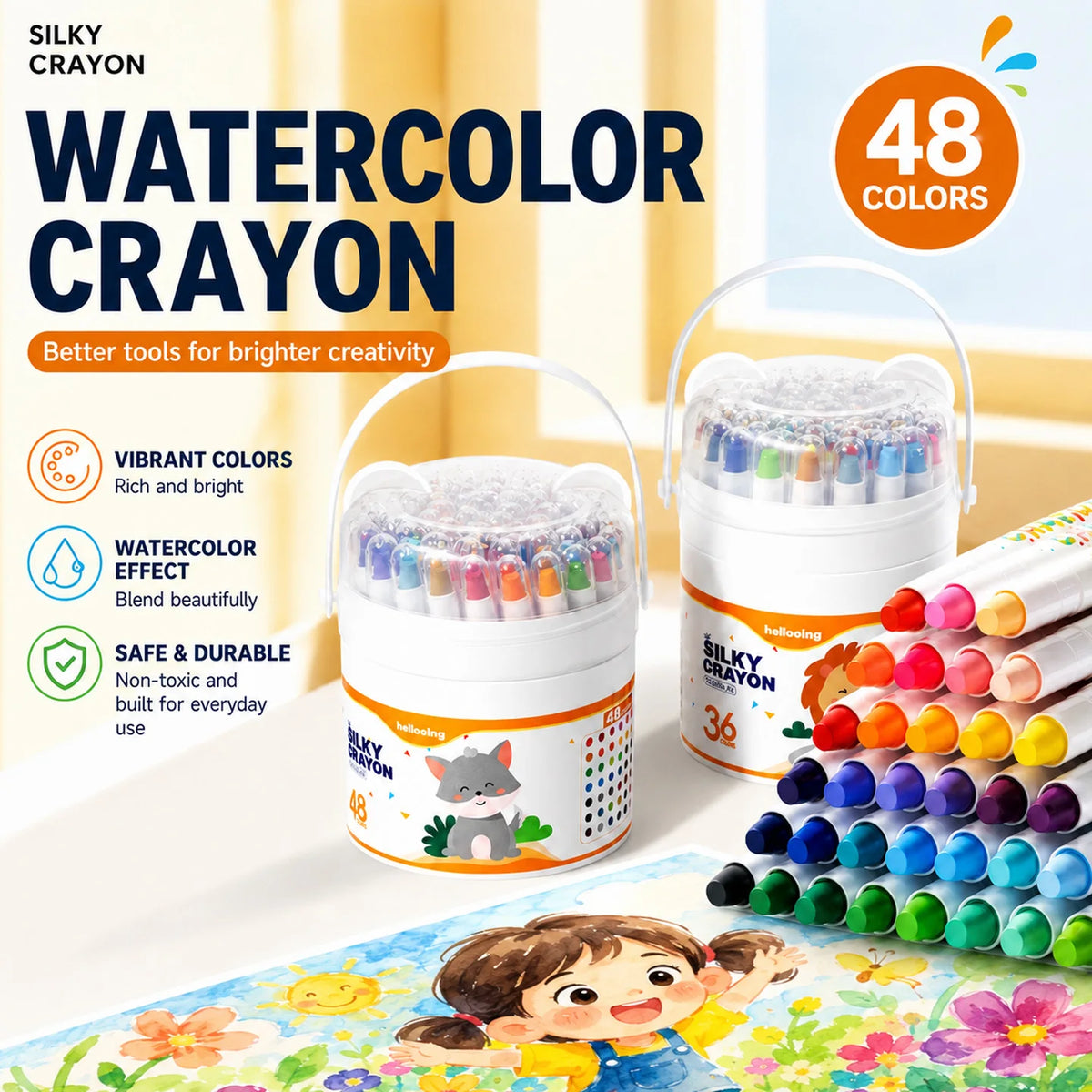 A set of 48 silky crayon twist-up watercolor crayons in various colors displayed on a colorful drawing pad.