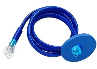 Blue ergonomic silicone snorkel with a flexible hose and a circular mouthpiece attachment