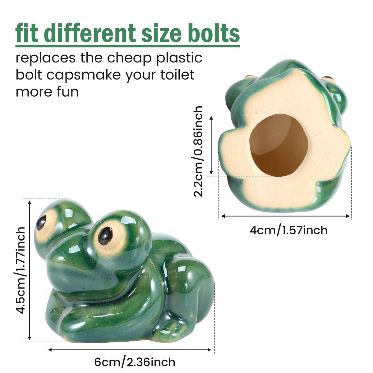 Hand-painted ceramic frog toilet bolt covers in green and beige.