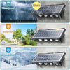 Solar powered LED wall light showing waterproof, sunproof, and frostproof features.