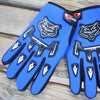 Blue and black nylon riding gloves featuring an embroidered skull design on the back of the hand
