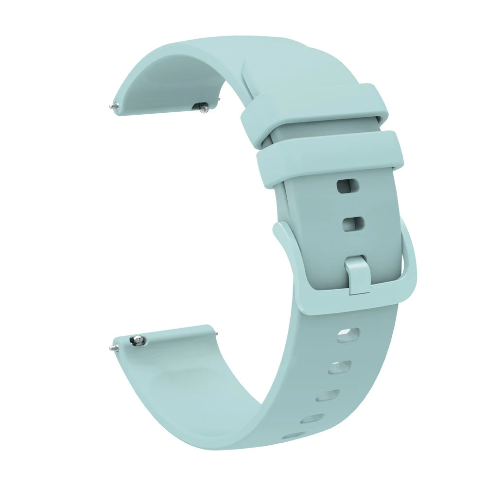 Light blue silicone watch band and protective case for a smartwatch.