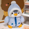 A fluffy blue penguin plush toy wearing a white hood and orange feet.