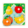 A wooden puzzle set featuring colorful fruit shapes like apples and pears for toddlers.