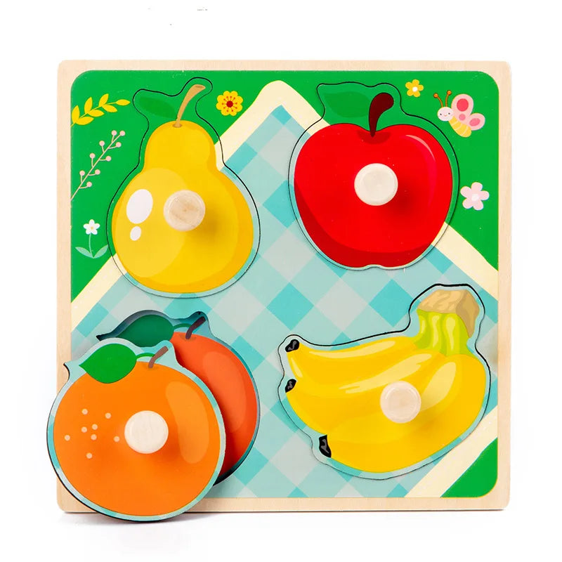 A wooden puzzle set featuring colorful fruit shapes like apples and pears for toddlers.