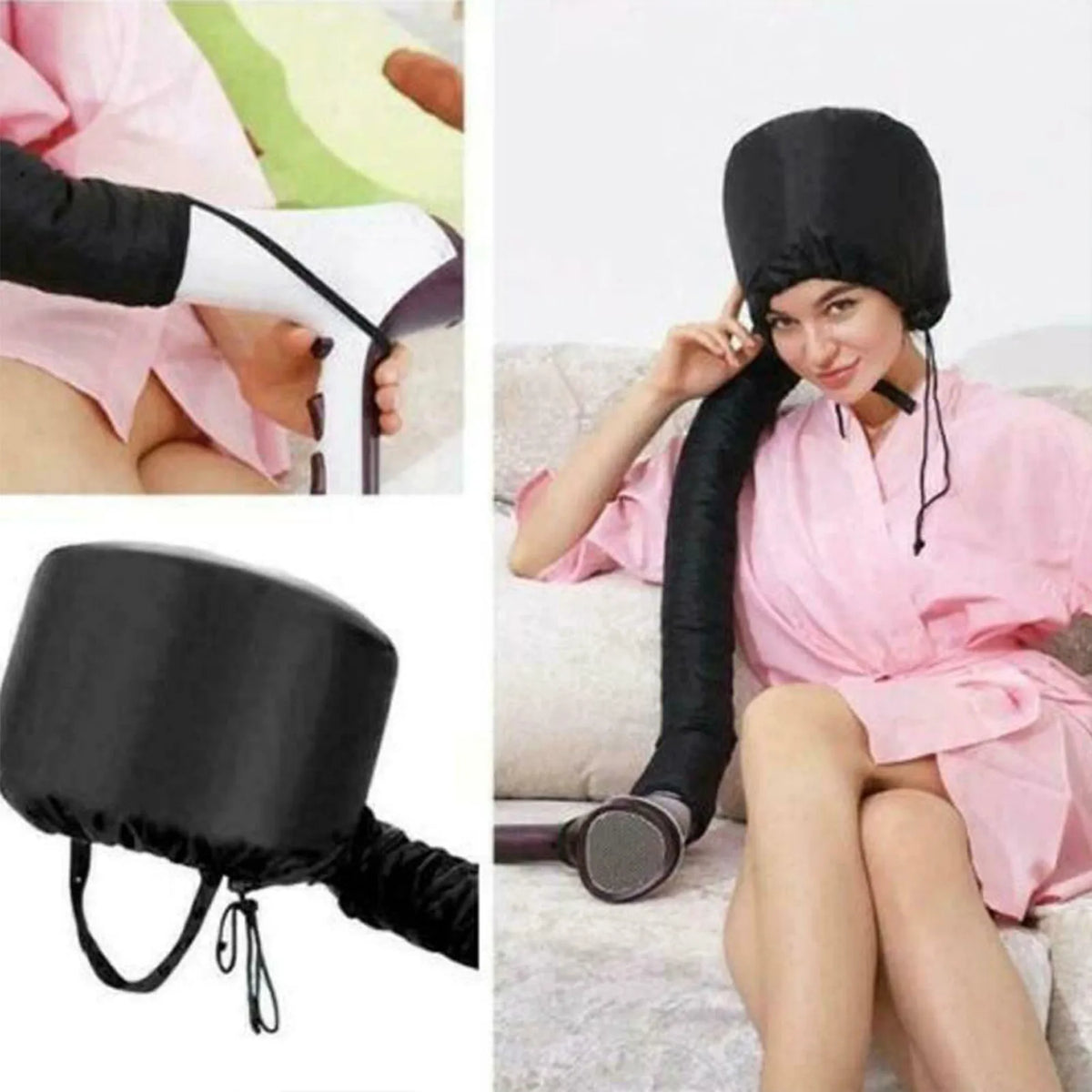 A woman wearing a black reusable hair drying and conditioning cap while sitting on a couch.