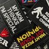 A collection of black embroidered iron-on patches featuring text like MY MOM THINKS SPECIAL and OPTION YOUR OWN PIZZA