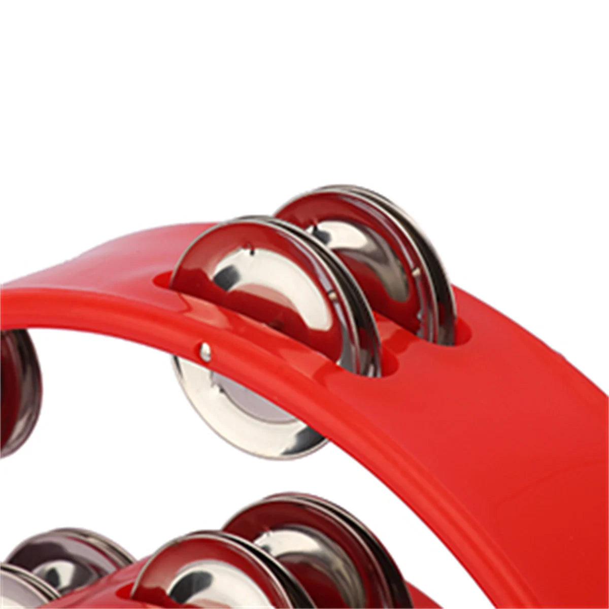 A close-up view of a red half-moon tambourine with a double row of shiny metal jingles.