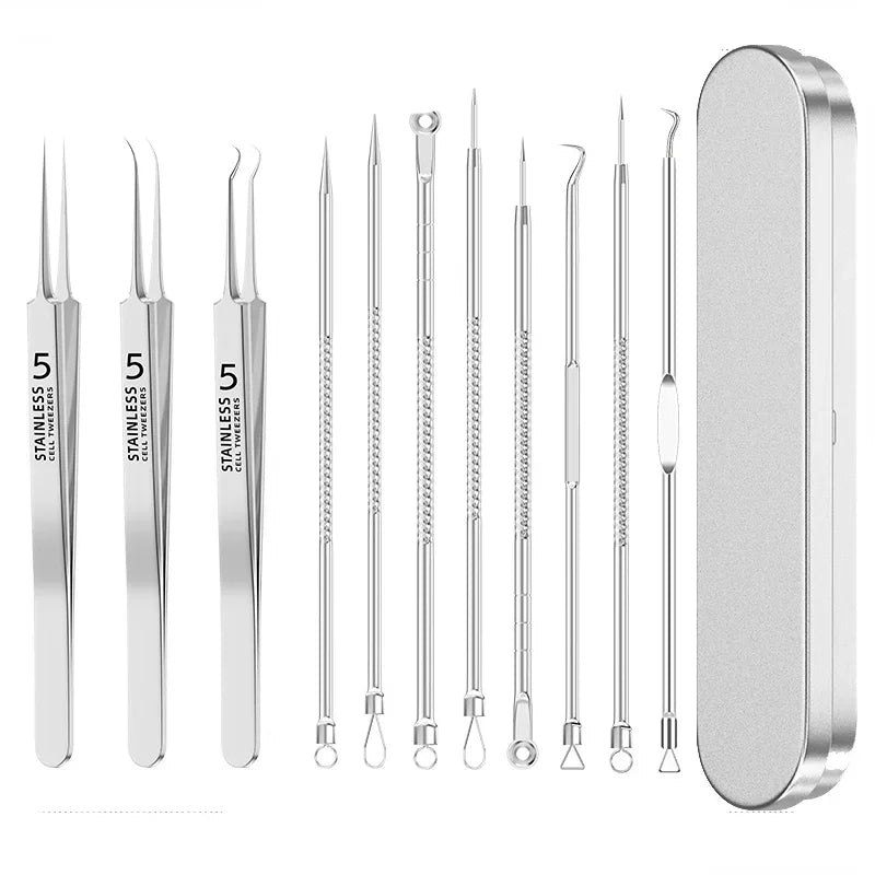 A set of stainless steel acne and blackhead removal tools displayed next to their packaging box.