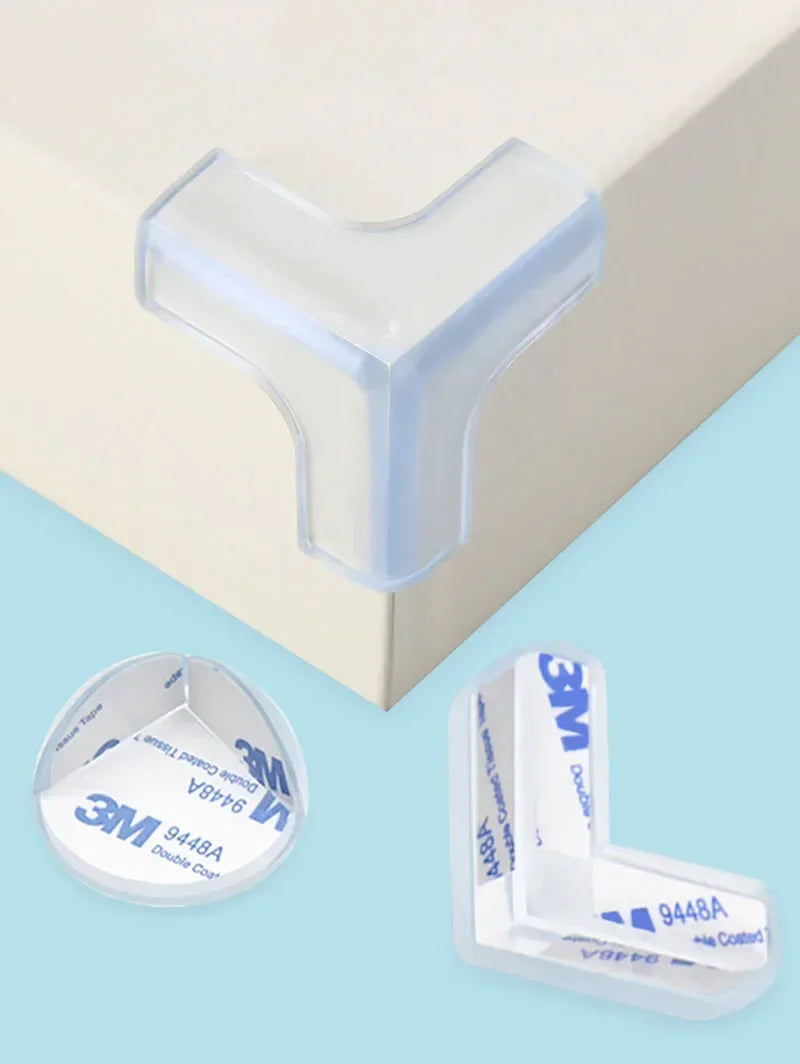 Clear silicone corner edge guard for baby safety, shown on a white surface and packaged.