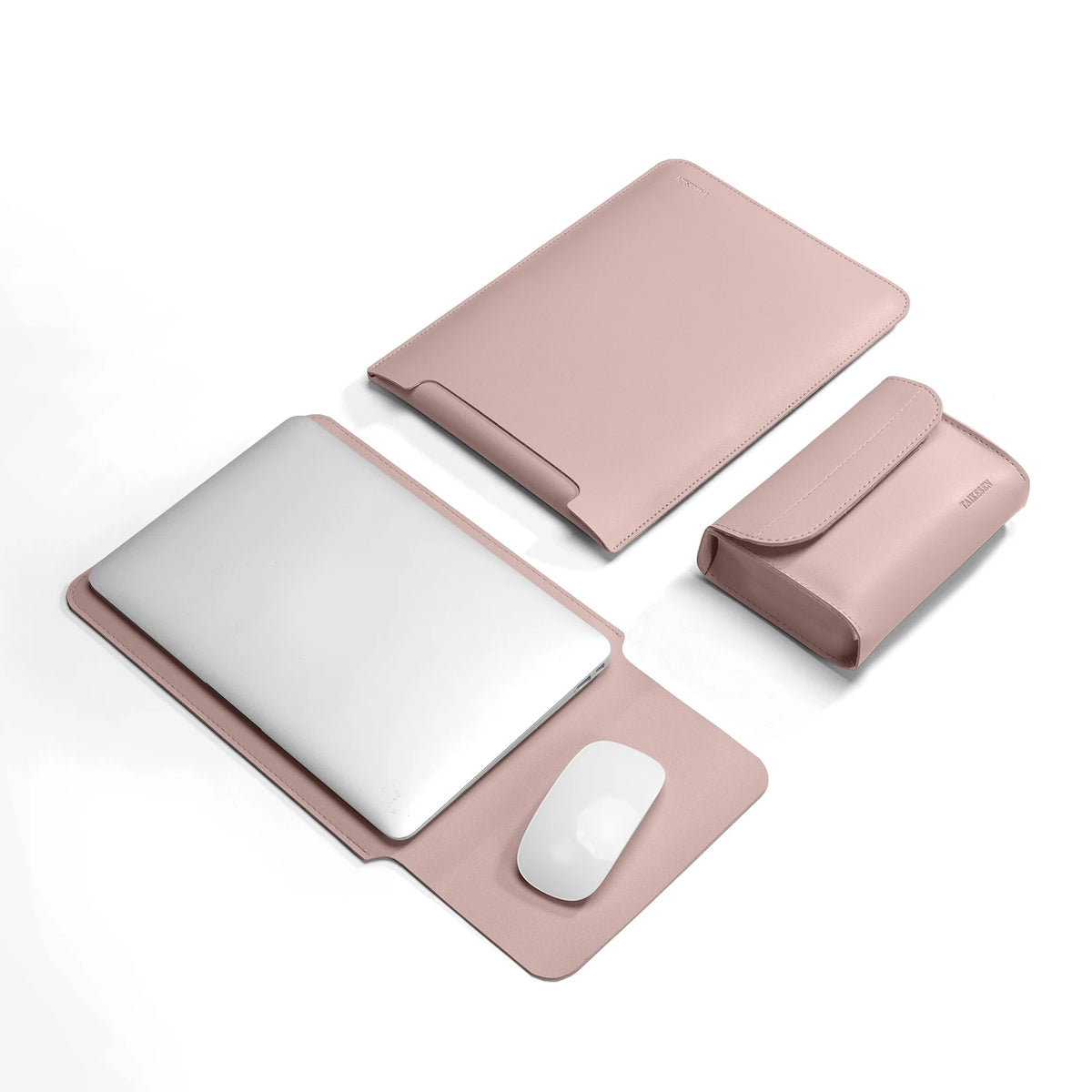 A pink PU leather laptop sleeve and matching protective cover are displayed on a white background.
