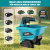 A blue cordless handheld spreader tool for Makita/Mellif 18V batteries shown in a grassy outdoor setting.