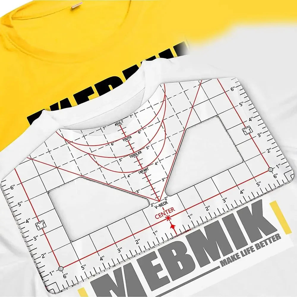 A white alignment ruler with red markings is shown next to a yellow t-shirt.