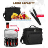 Black insulated canvas lunch bag shown with food items and a measuring tape.