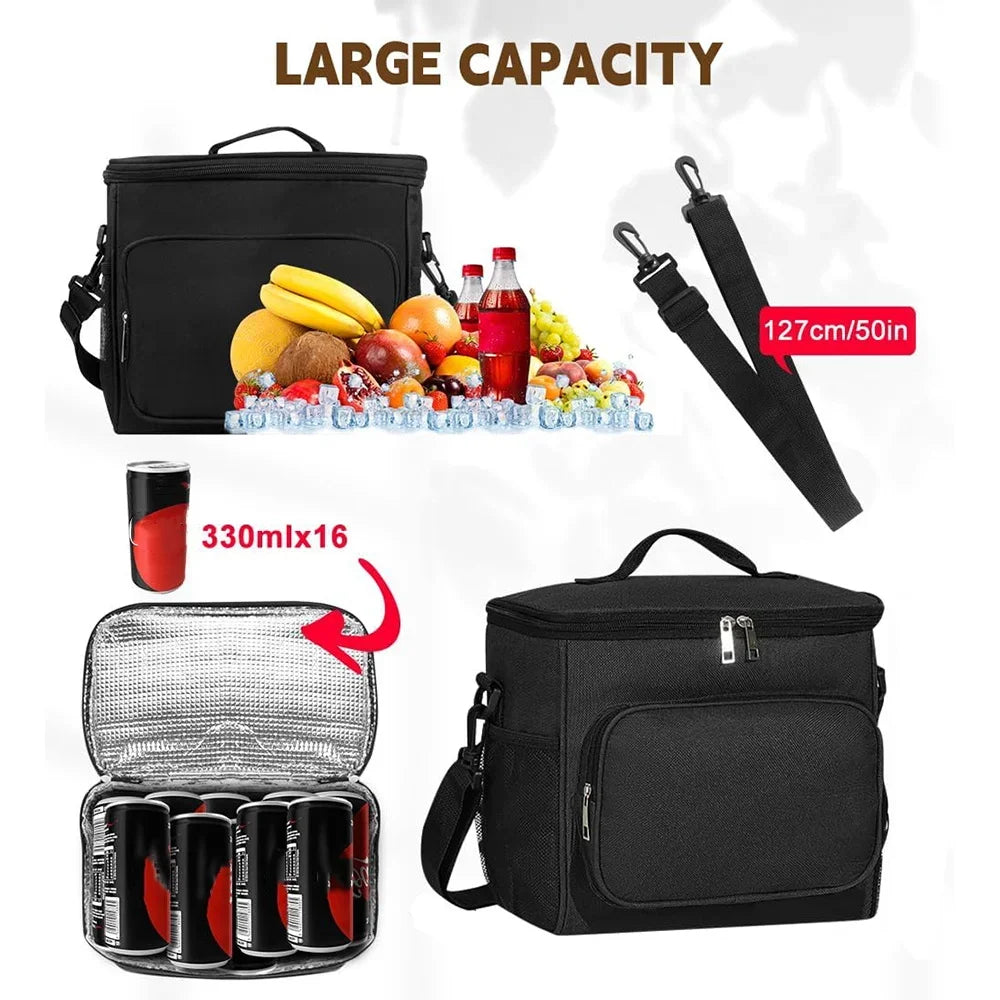 Black insulated canvas lunch bag shown with food items and a measuring tape.