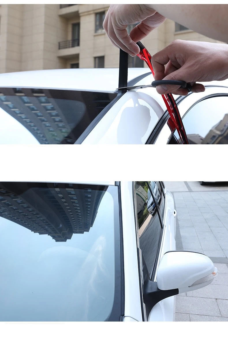 A hand is applying an automotive rubber sealing strip to a car window frame for noise and weather protection.
