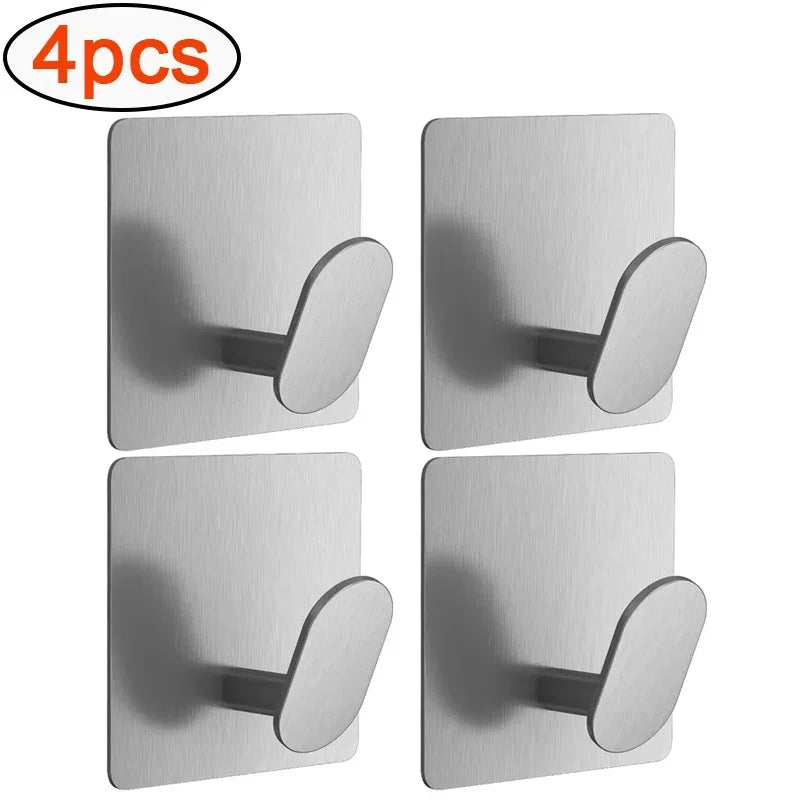 Set of four adhesive stainless steel robe hooks for no-drill wall mounting
