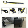 A black and yellow labor-saving ratchet wrench for tire changes, shown in various angles.