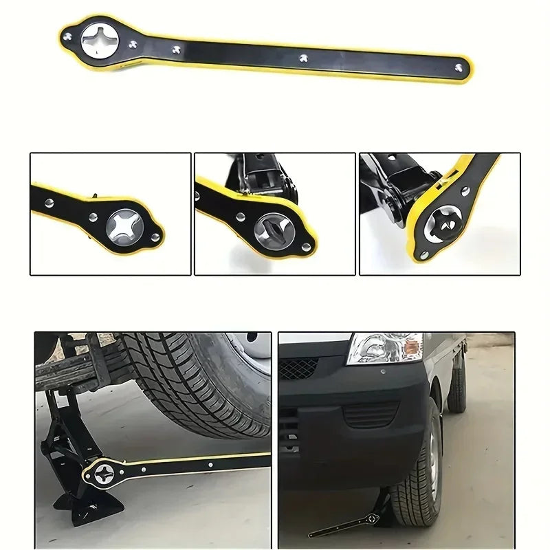 A black and yellow labor-saving ratchet wrench for tire changes, shown in various angles.