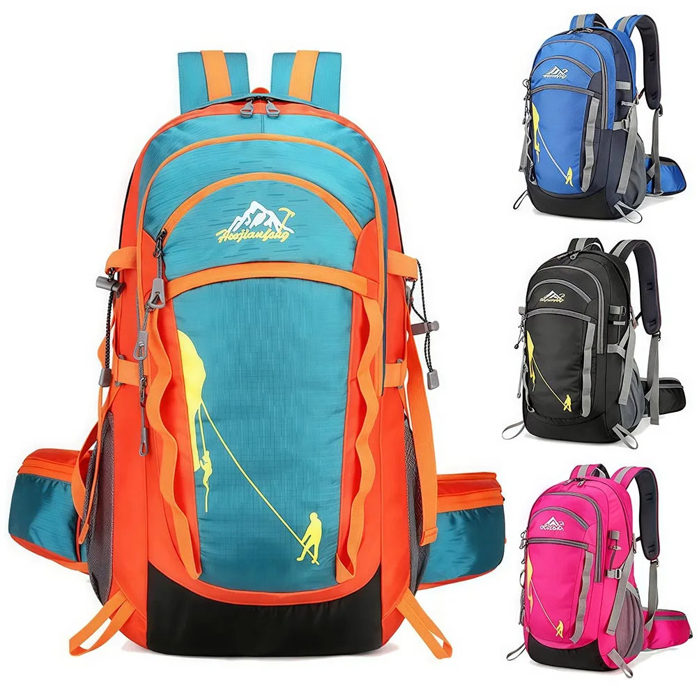 A bright orange and teal hiking backpack with black accents shown from the back.