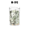 A clear acrylic piggy bank filled with various US currency bills and coins.