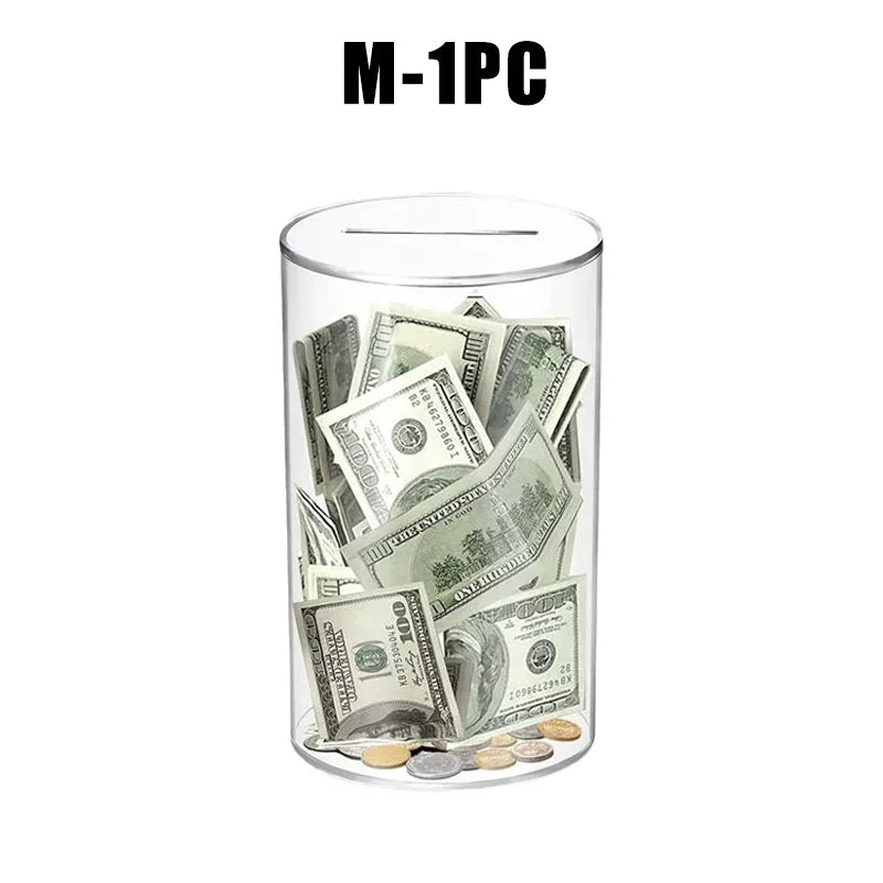 A clear acrylic piggy bank filled with various US currency bills and coins.