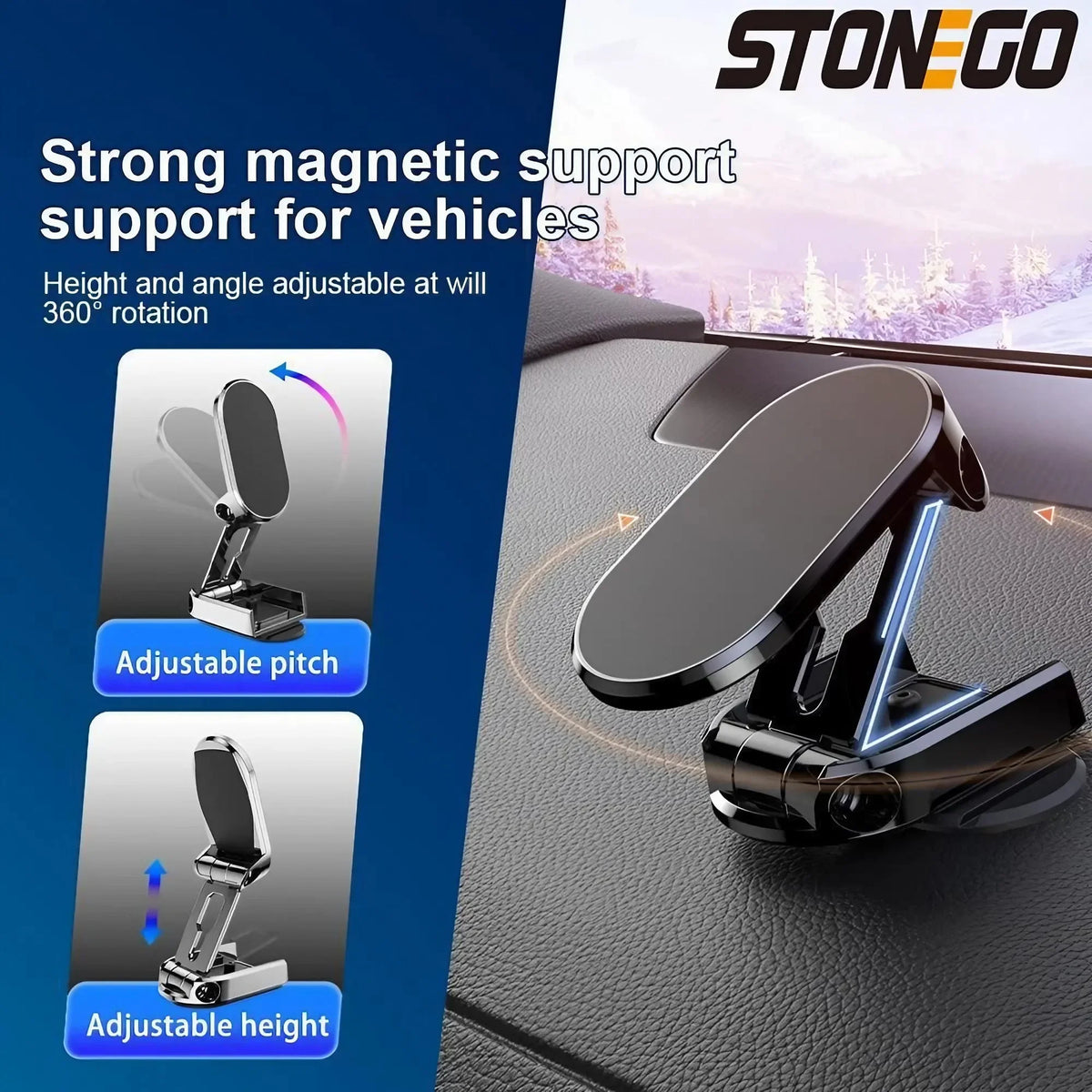 A black magnetic phone mount with adjustable pitch and height is shown mounted on a car window.