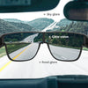 Polarized clip-on sunglasses showing clear vision and road glare on a scenic highway view.