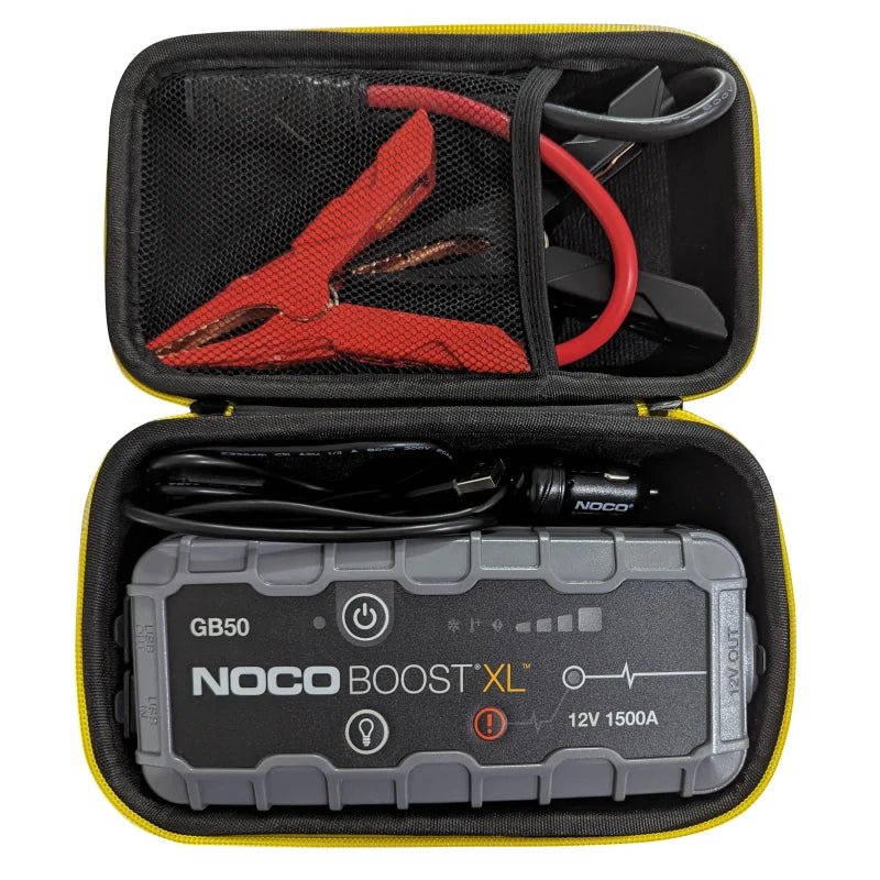 Black travel case containing a NOCO Boost XL jump starter battery and cables.
