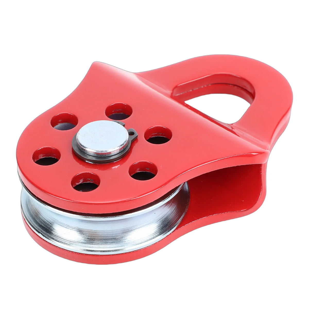 A red 3-ton heavy duty snatch block for off-road winching, featuring a handle and a metal sliding component.