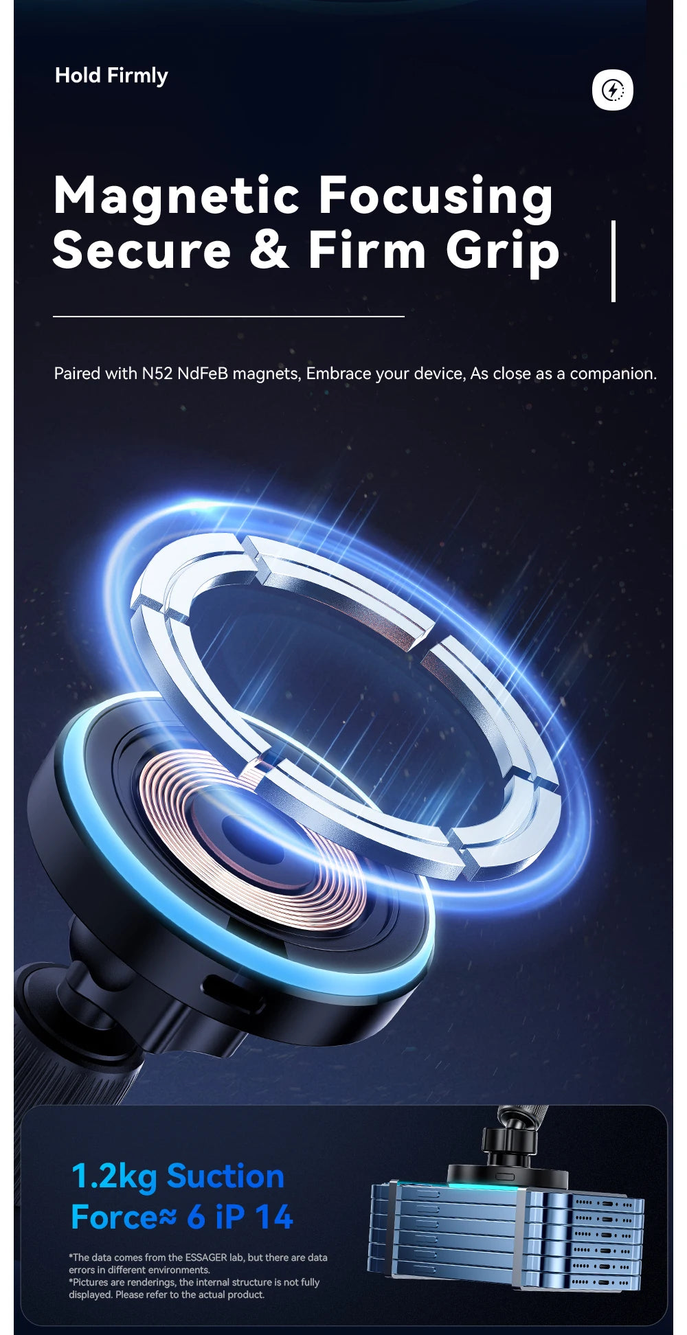 A close-up of a magnetic focusing secure and firm grip device with an RGB light illuminating the mechanism.