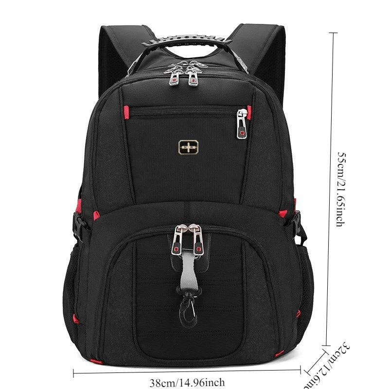 Black waterproof laptop backpack featuring a top handle and an external USB charging port.