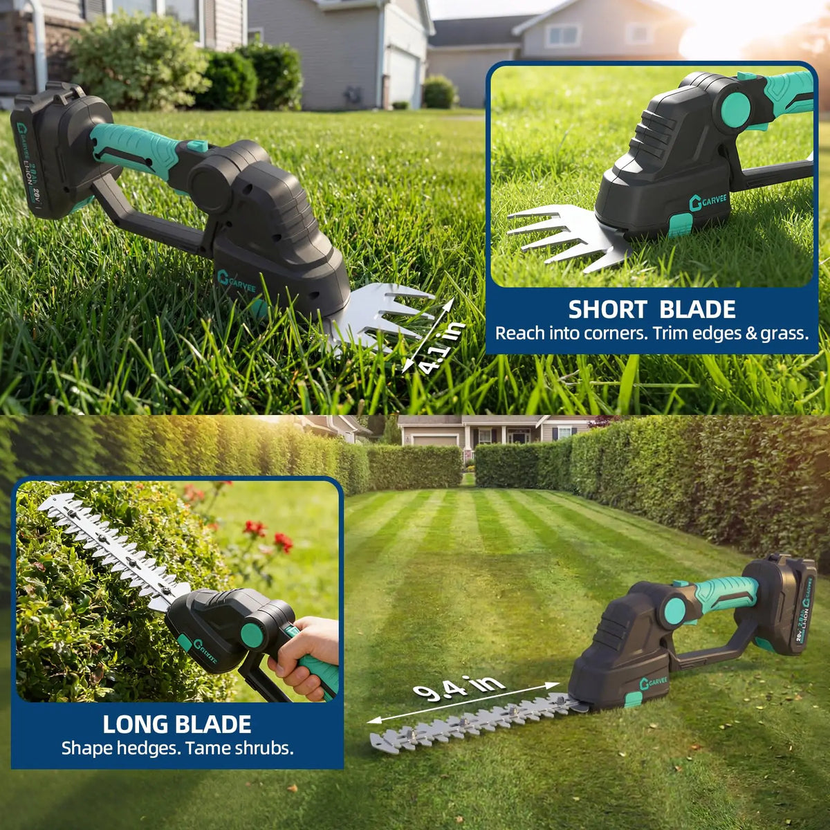 A green and black cordless grass shear and hedge trimmer is shown with short and long blades trimming grass and shrubs.