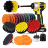 A set of three power scrubber brushes and accessories for cordless drills, including a yellow and black brush and various scr