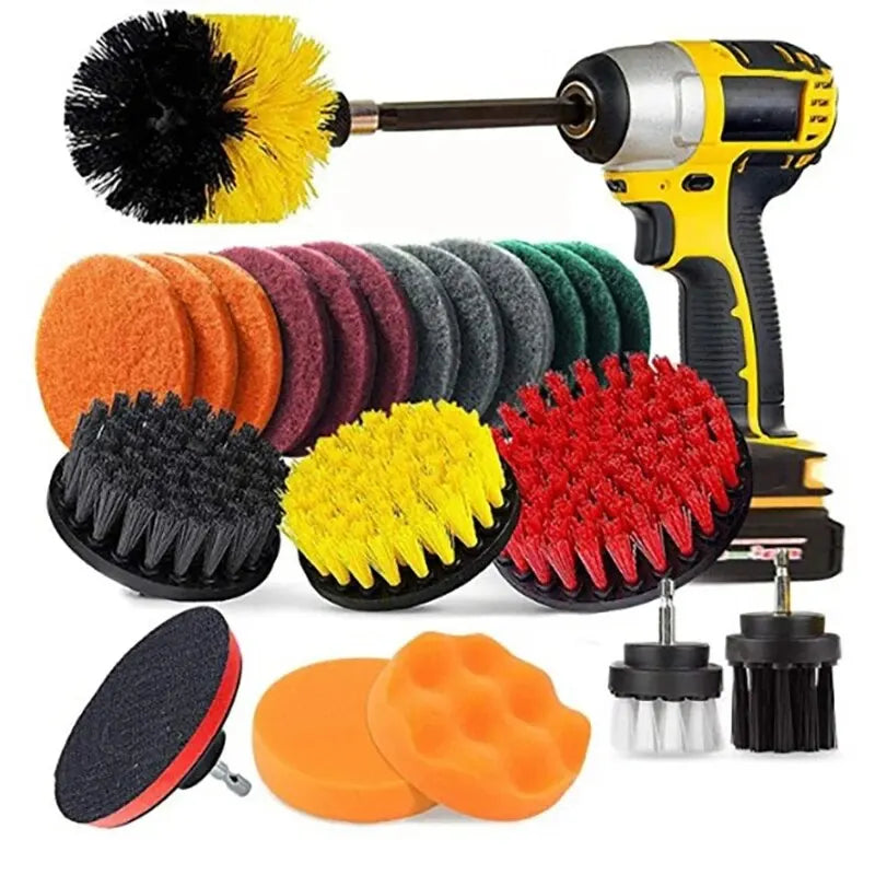 A set of three power scrubber brushes and accessories for cordless drills, including a yellow and black brush and various scr