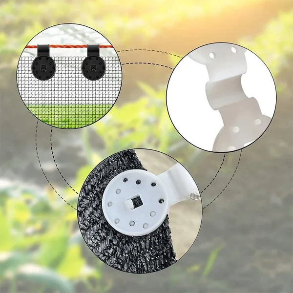 Close-up view of heavy-duty shade net clips used to secure netting on trees or plants.