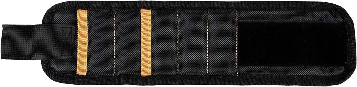 Black magnetic wrist strap with three orange accents for holding small tools